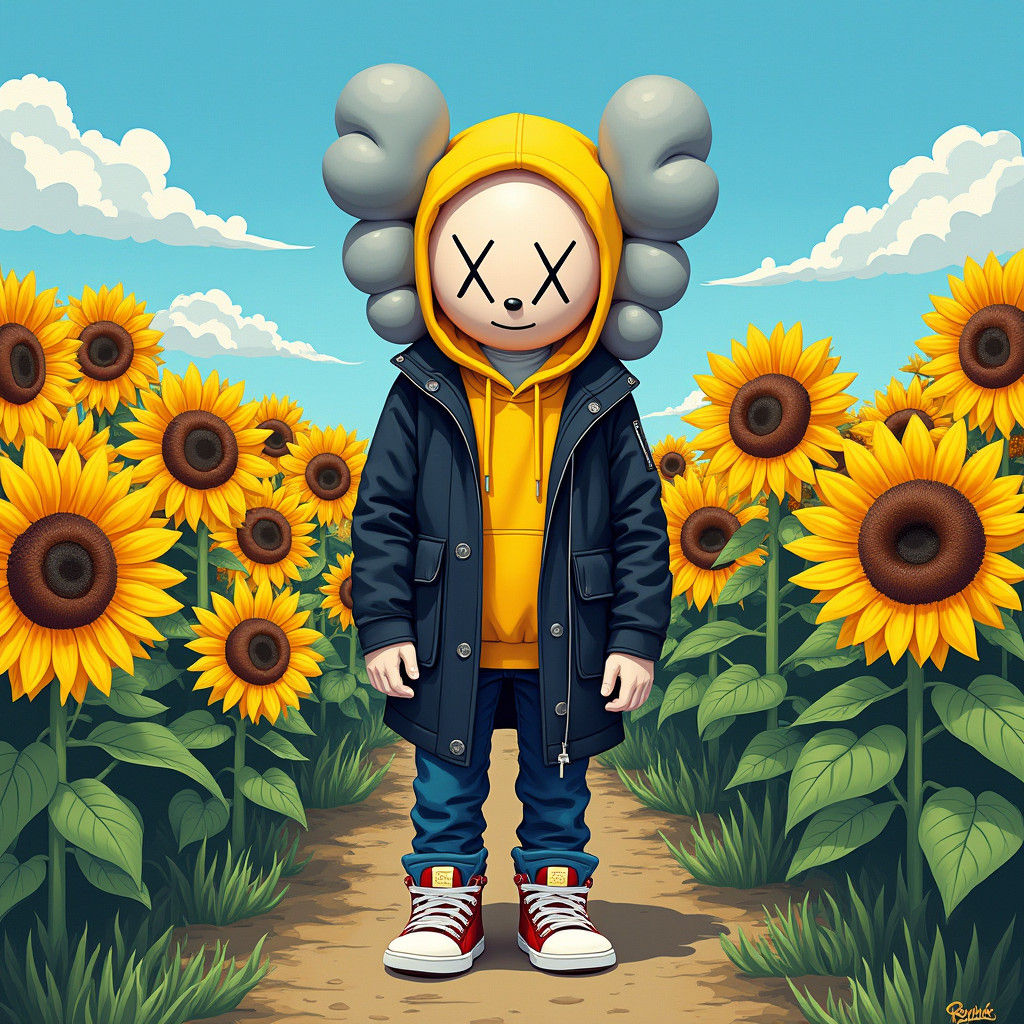 Modern Scarecrow in Sunflower Field, Urban Art Style