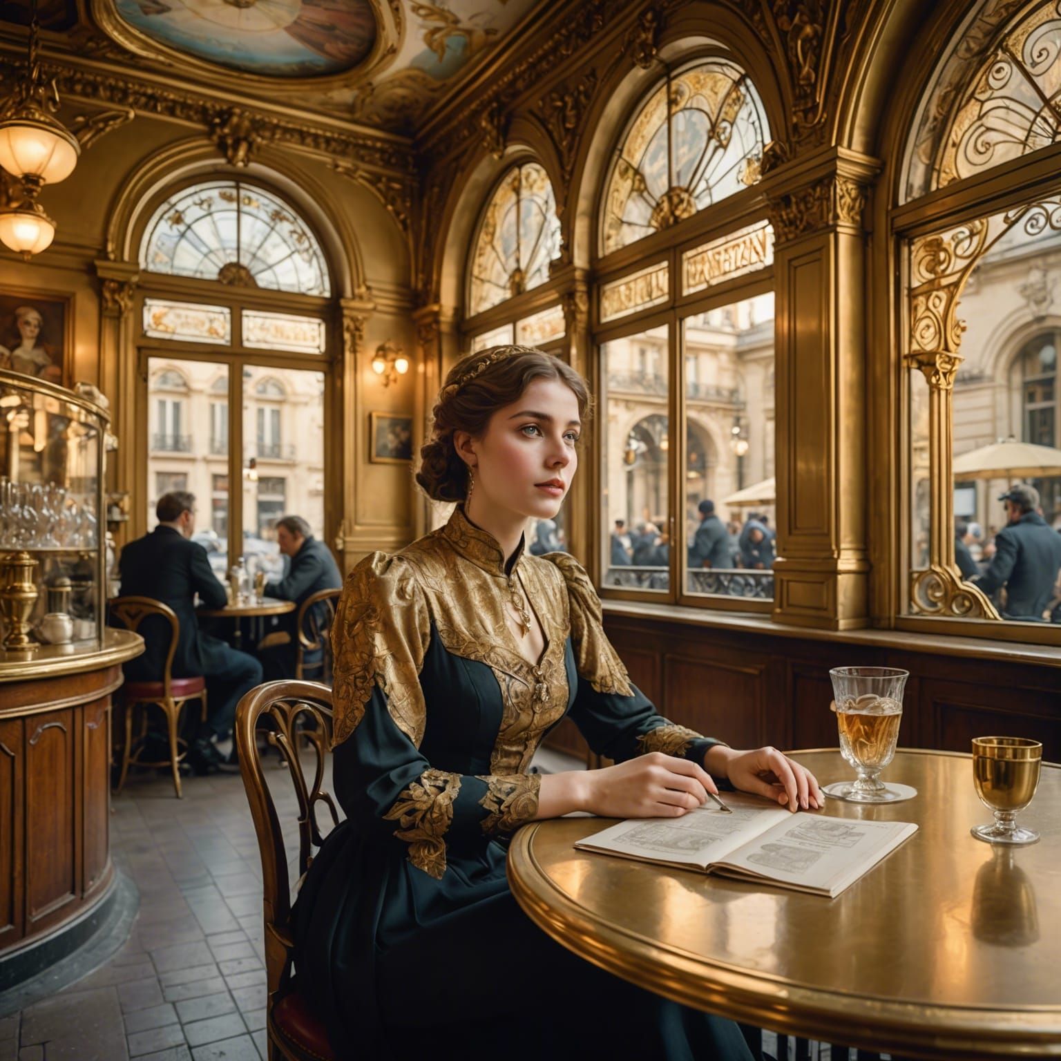 Belle Époque Lady in Parisian Café Interior