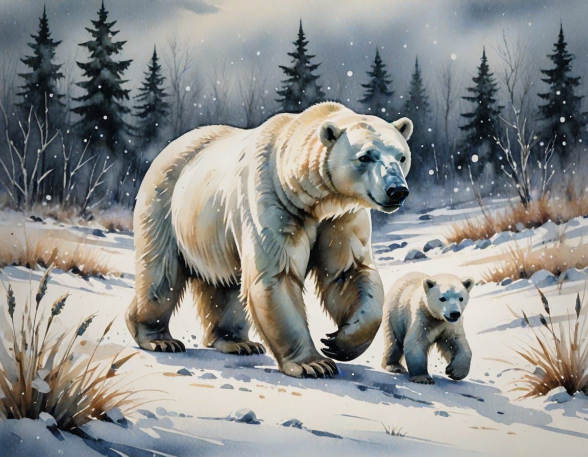 Ethereal Polar Bear and Cub in Snowy Storm Watercolor