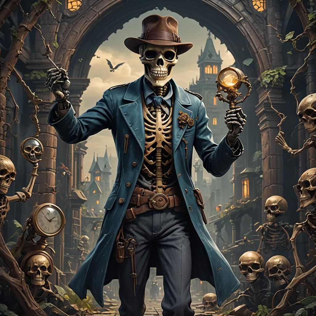 Skeleton Detective with Magnifying Glass in Detailed Paintin...