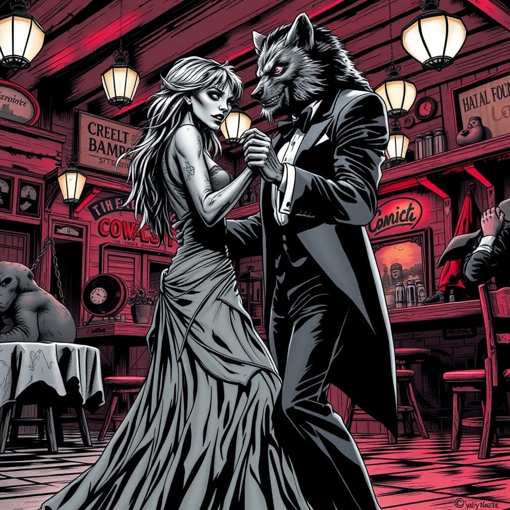 Undead Zombie Girl and Werewolf Dance in Comic Style