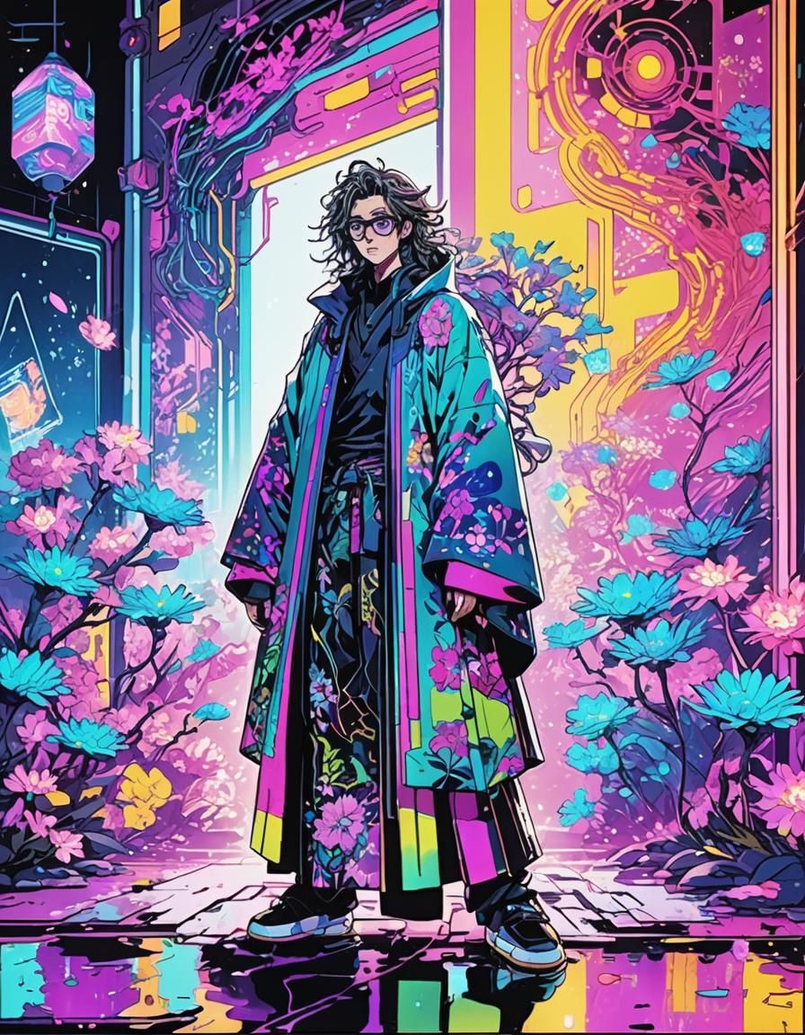Neon Cyberpunk Wizard in Floating Robe