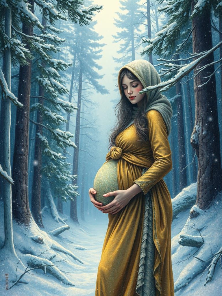 Pregnant Woman in Snowy Forest: Digital Anime Art