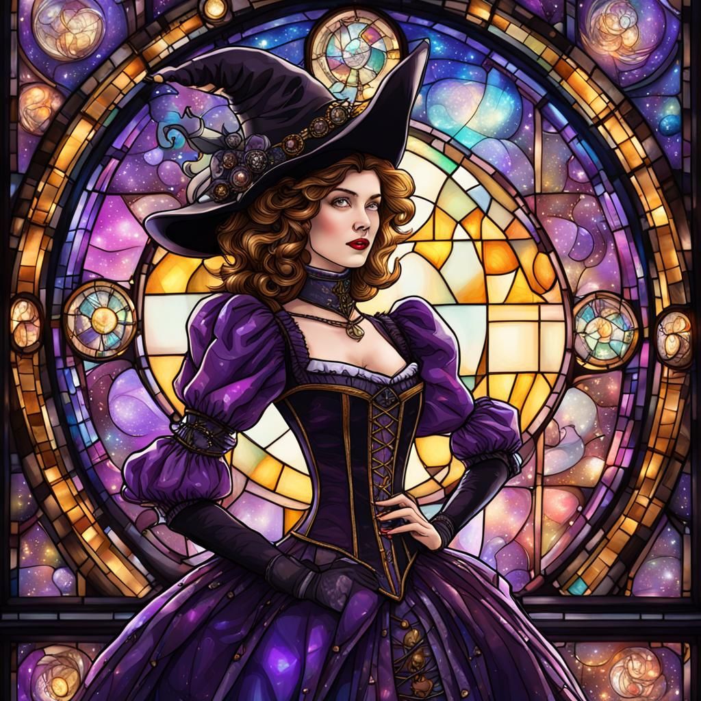 Steampunk Witch Before Galaxy Stained Glass, Astral Illustra...