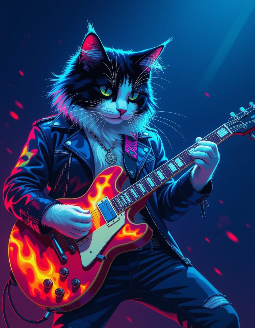 Punk Cat Shreds Neon Guitar in Fire Jacket