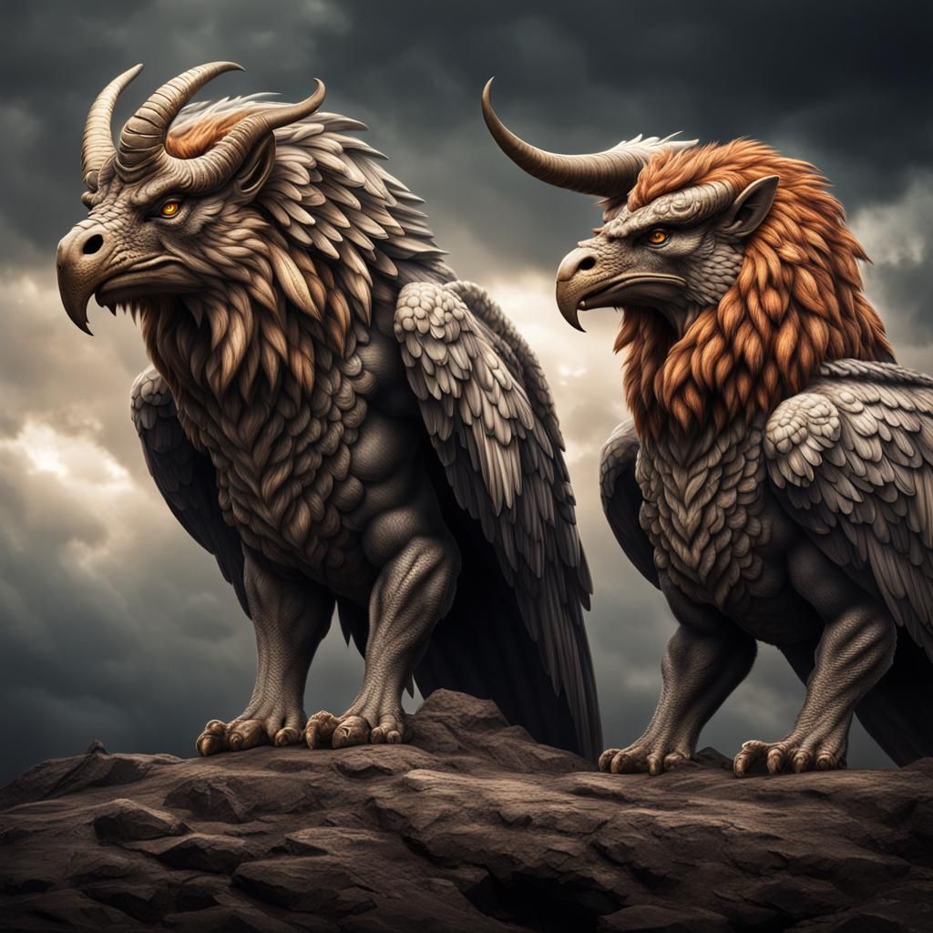 Hyperrealistic Griffins with Horns in Vivid Detail