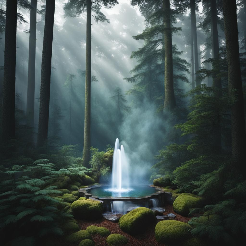 Water Geyser in Woodland Garden Landscape