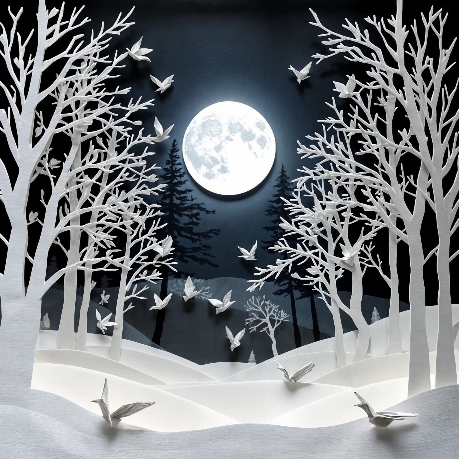 Paper Art Winter Forest Scene with Origami