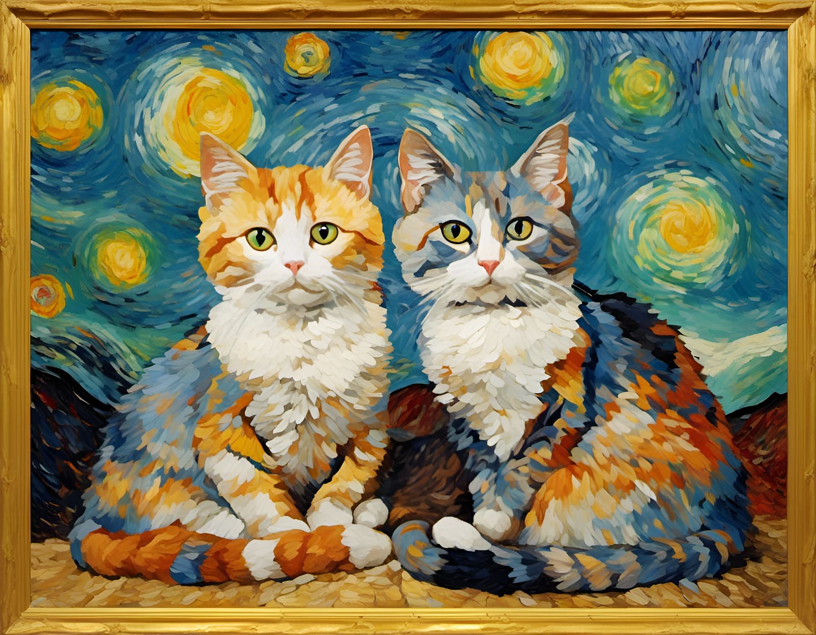 Cats in Starry Night Style of Van Gogh