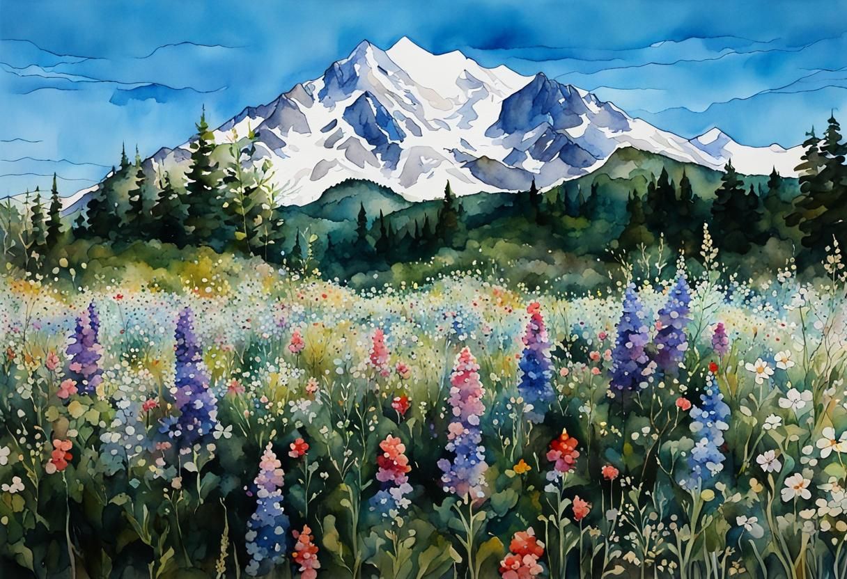 Watercolor Mountain Scene with Wildflowers