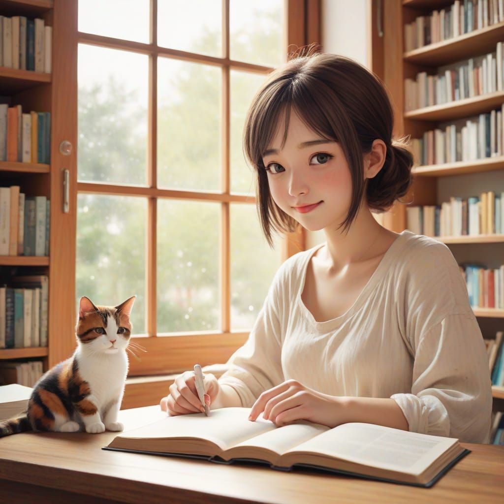 Whimsical Anime Library Scene with Cozy Girl and Cat