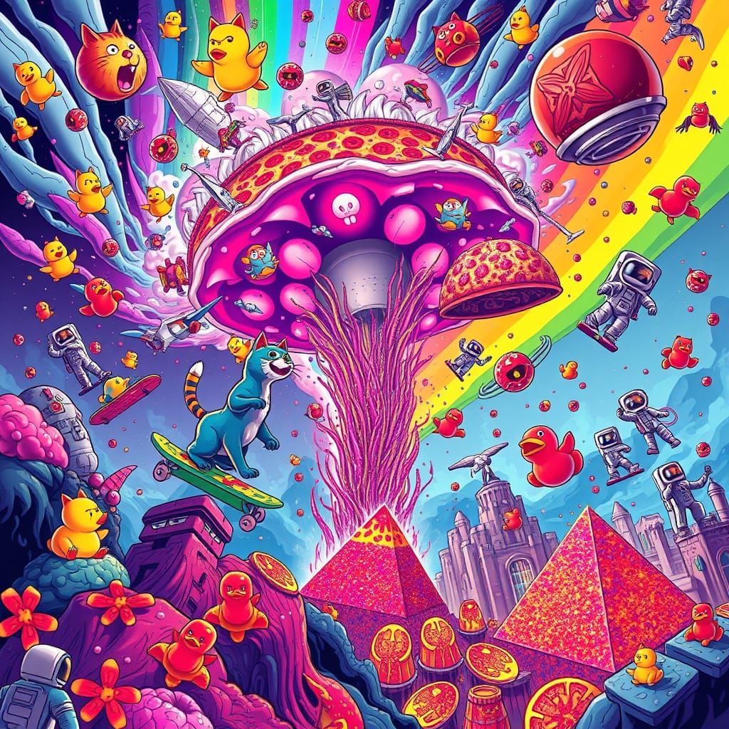 Neon Cats Ride Rainbow Tornado in Surreal Vector Art