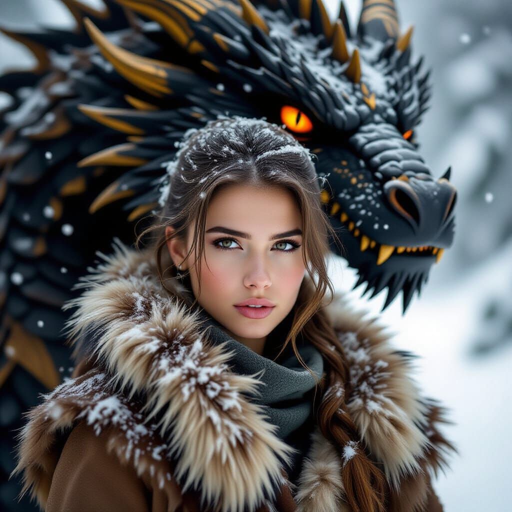 Fair Woman Confronts Black and Gold Dragon in Snowy Landscap...