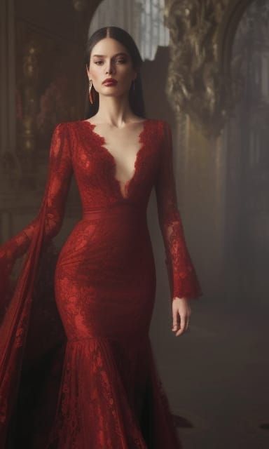 Woman in Red Lace Gown, Digital Art
