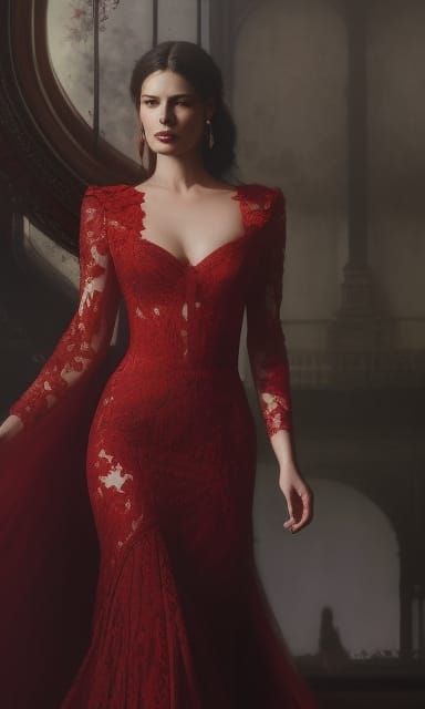 Woman in Red Lace Gown, Digital Fantasy Art