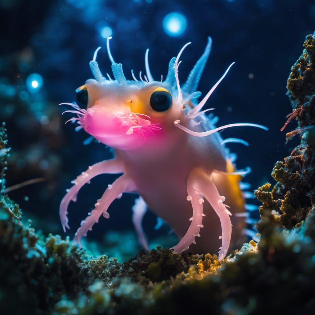 Bioluminescent Axolotls and Nudibranchs in Ethereal Waters