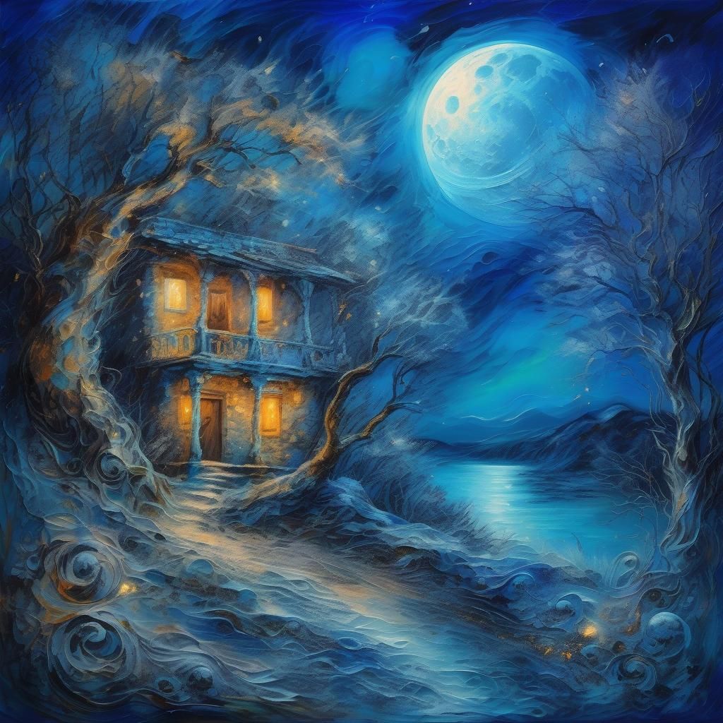 Blue Moon Tempera Painting in Expressive Style