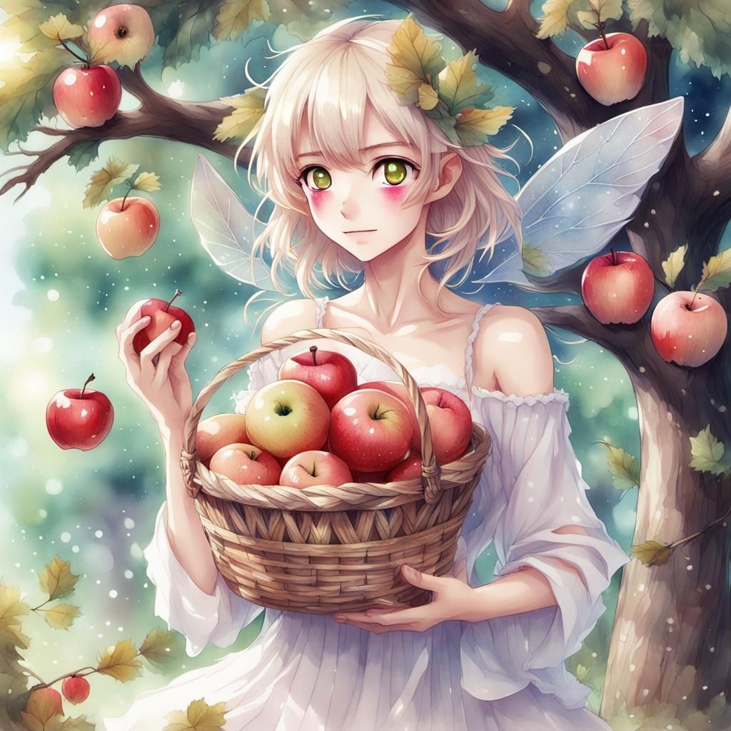 Whimsical Fairy with Apples in Glitter Watercolor Style
