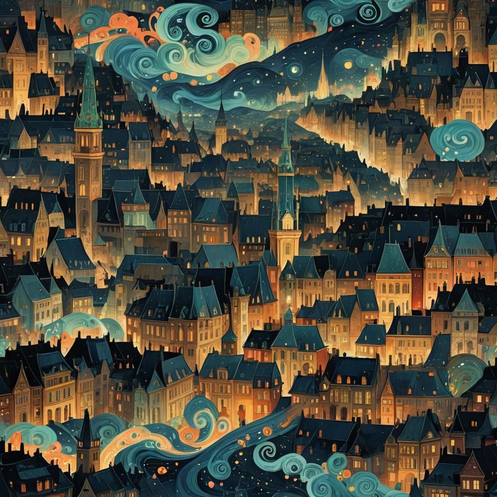 Whimsical Prague Cityscape in Fairytale Style