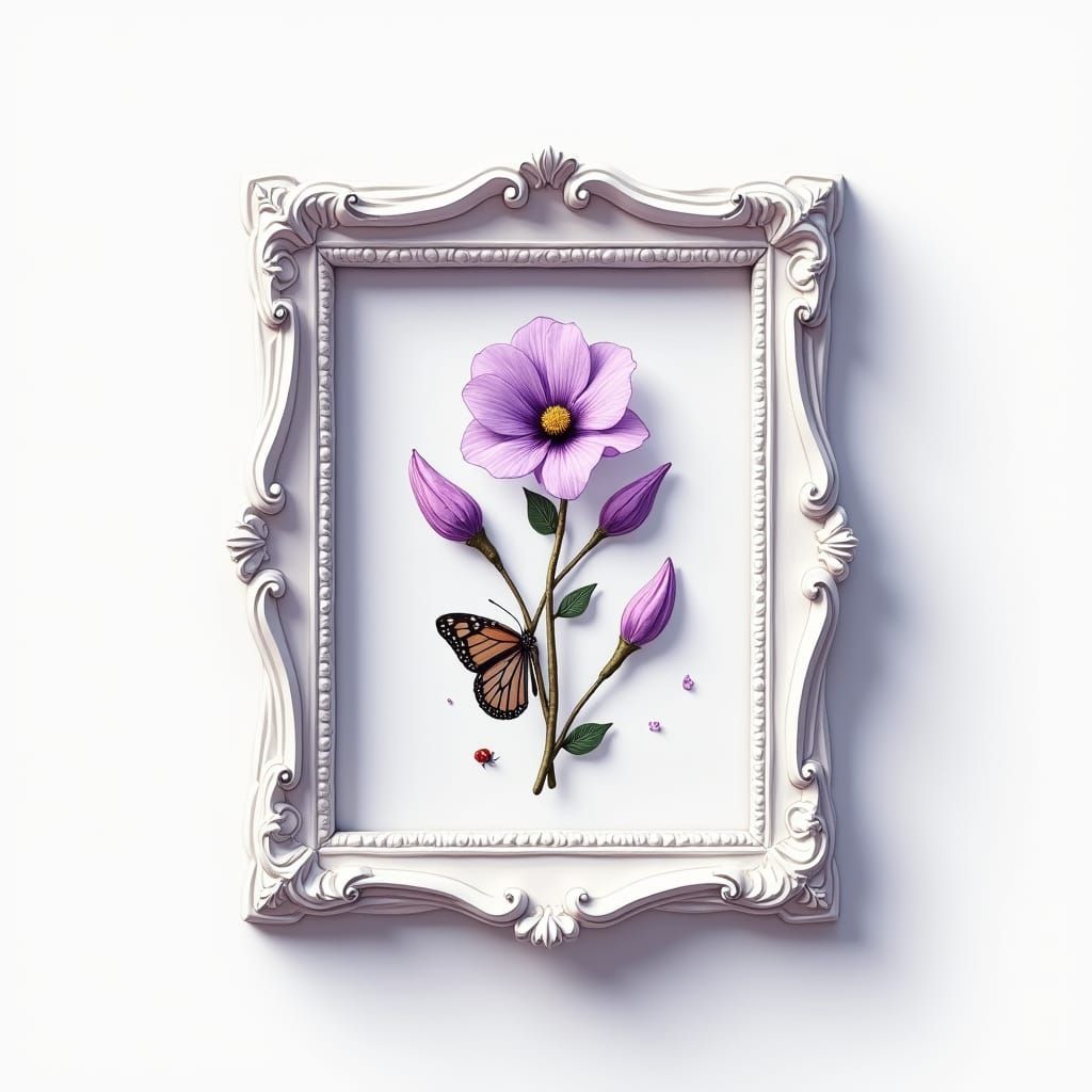 Violets in Ornate Frame: Hyper-Realistic Digital Art