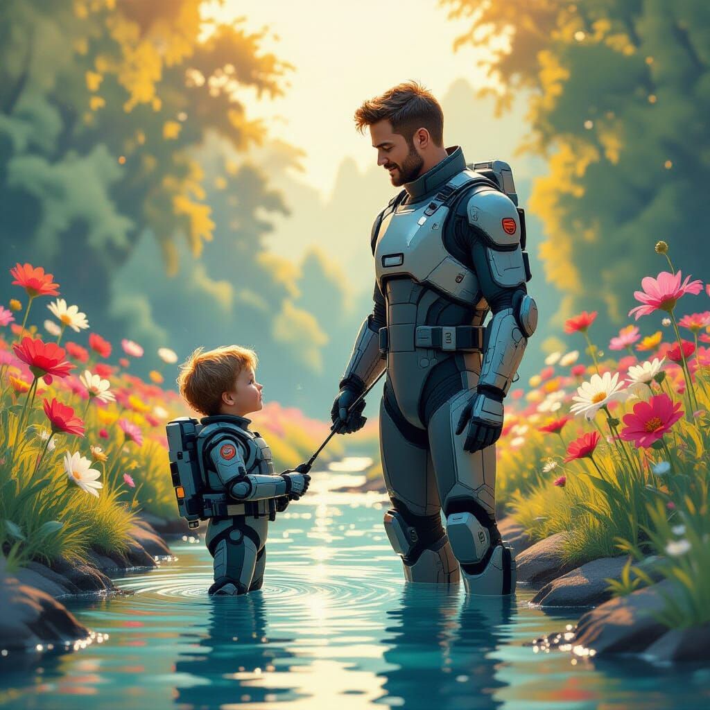 Futuristic Father and Son on Cyber Fishing Trip