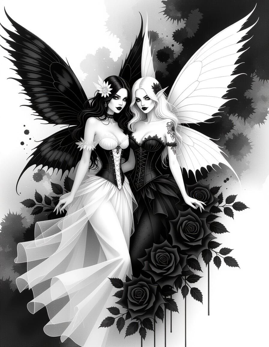 Goth Fairy Double Exposure with Black Rose Skull