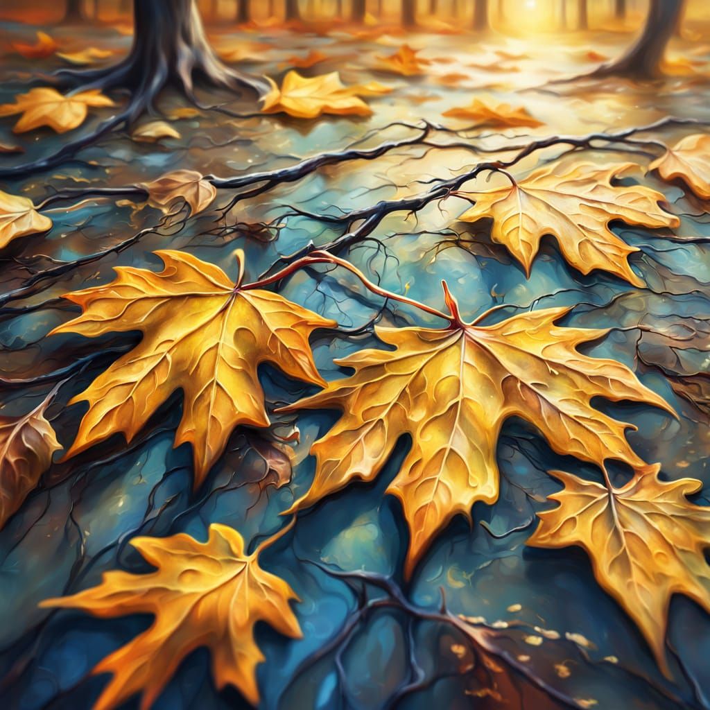 Surreal Autumn Leaves Falling: Oil Painting