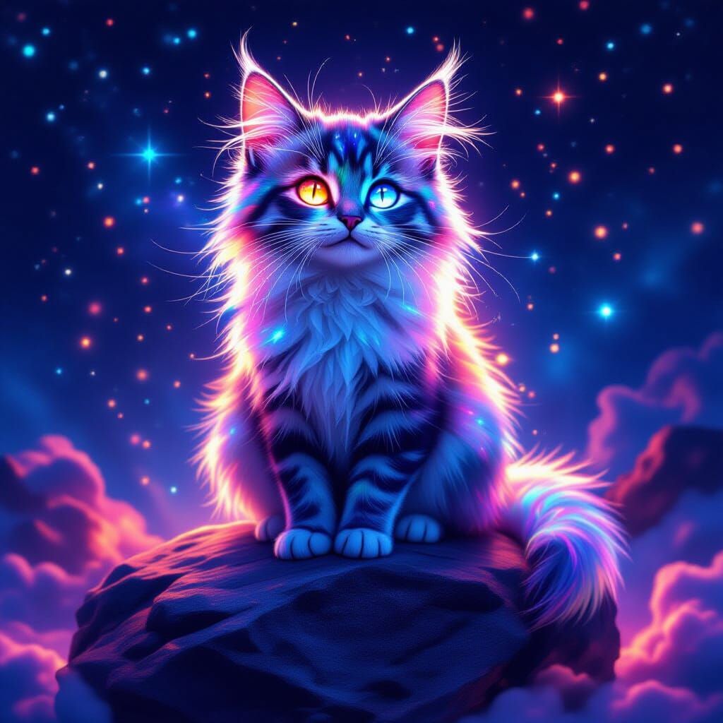 Iridescent Cosmic Cat Guardian in Magical Fantasy Style