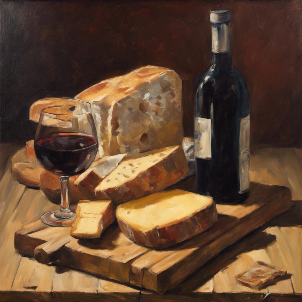 Still Life - Wine, Bread, and Cheese