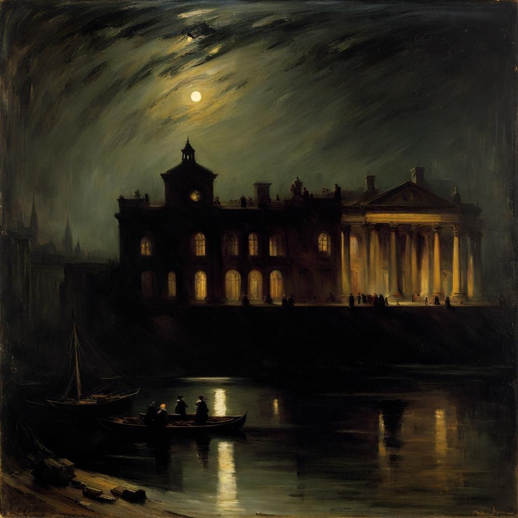 Dark Academia Moonlit Scene Inspired by Turner and Waterhous...