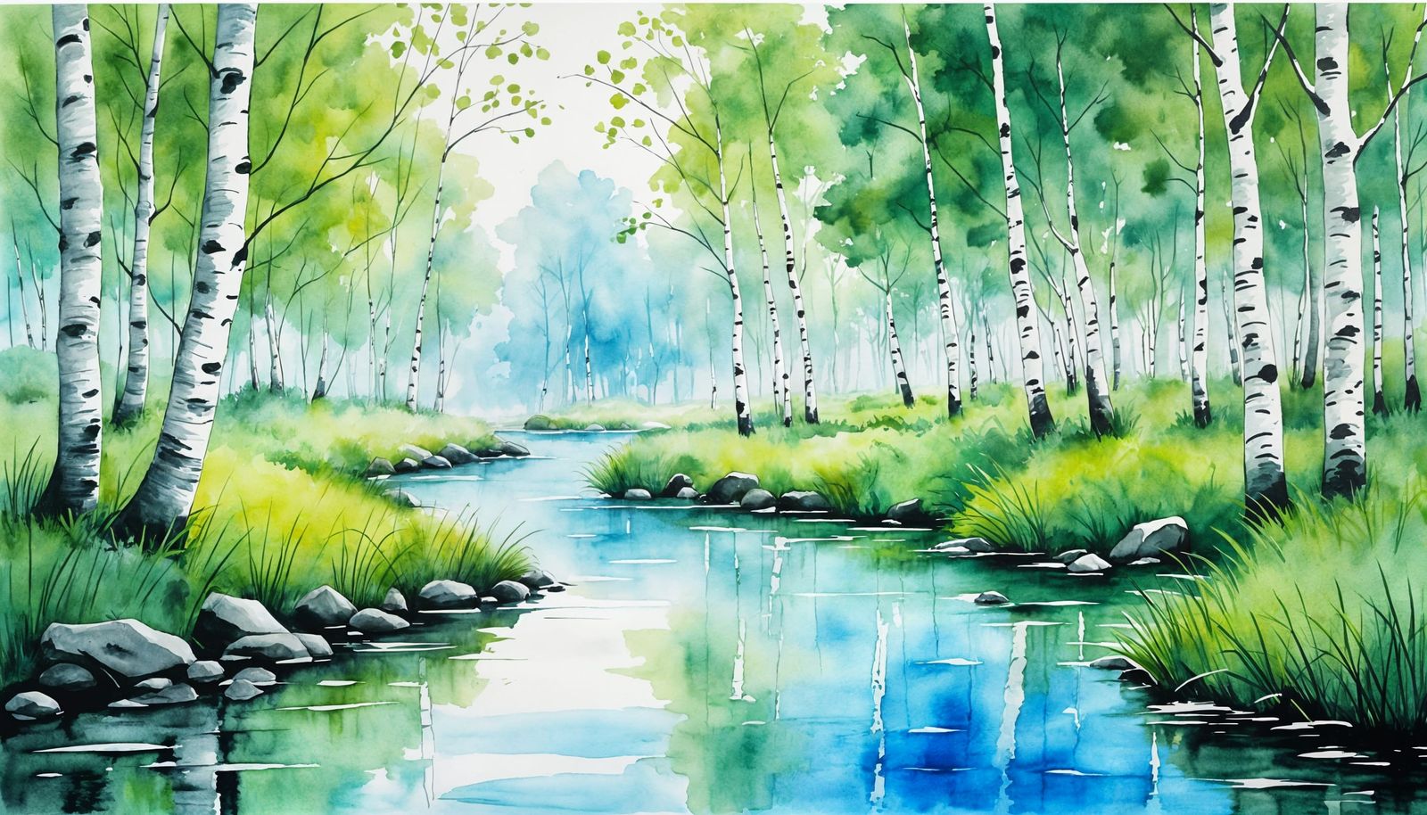 Serene Birch Forest in Watercolor