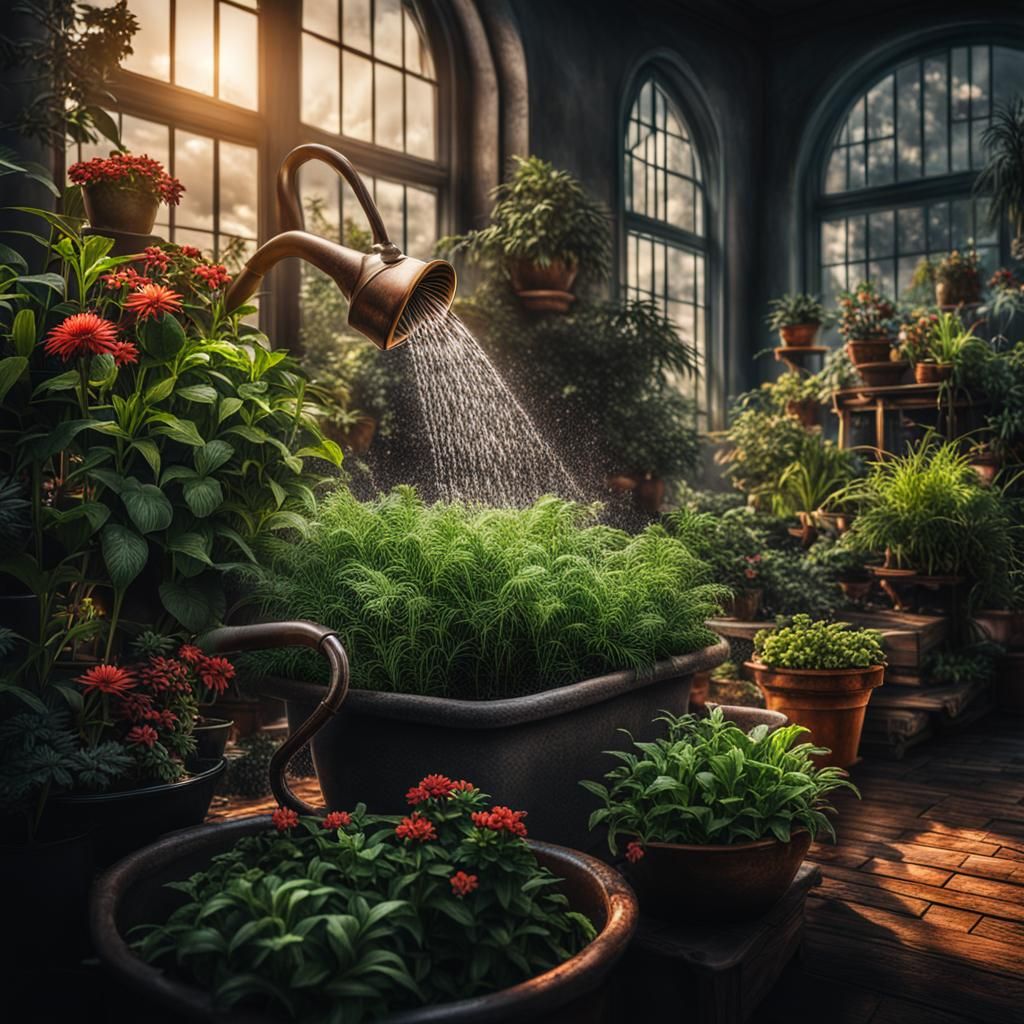 Hyperrealistic Close-Up of Watering Plants