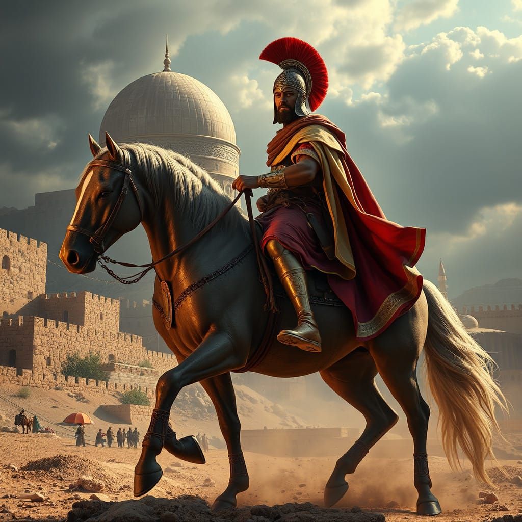 Ancient Greek Soldier Rides Horse through Jerusalem Streets...