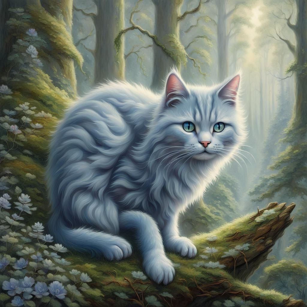 Misty Blue Cat in Ethereal Forest