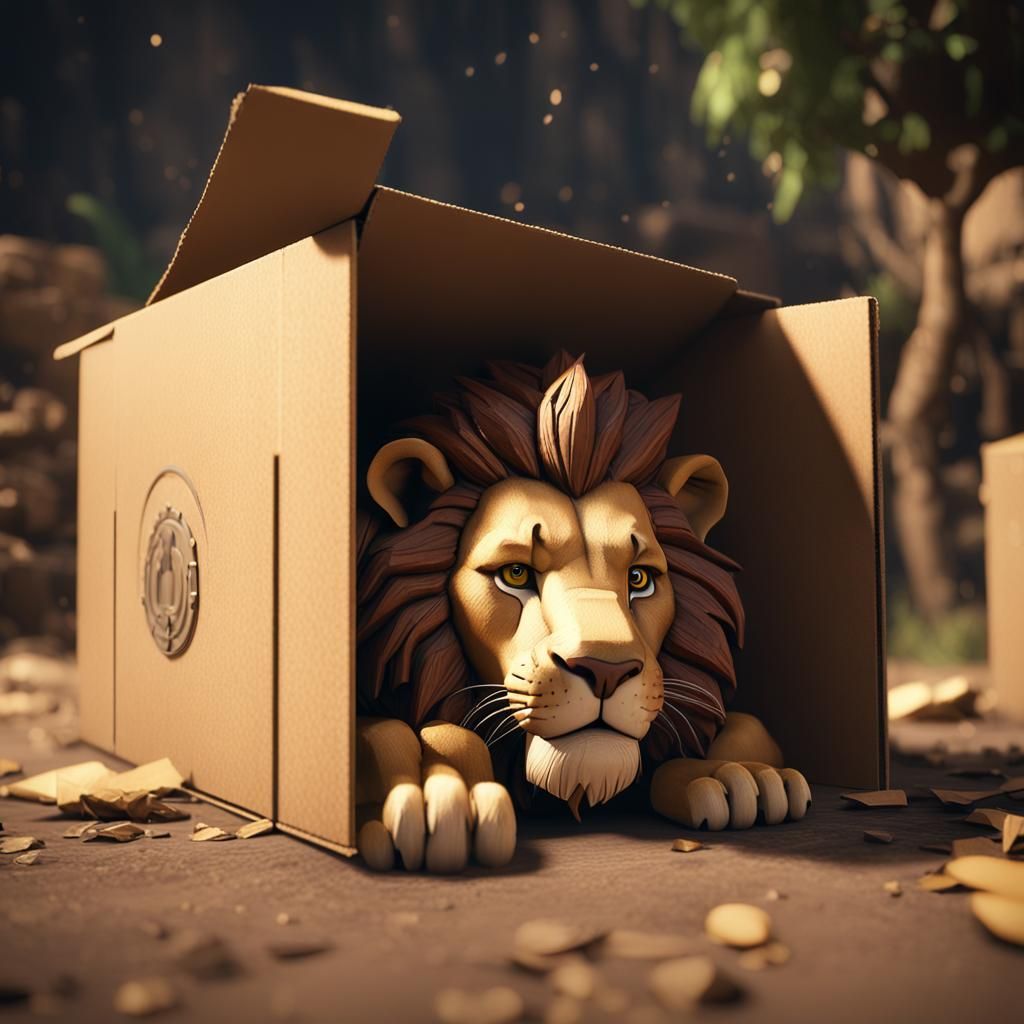 Lion Climbing into Cardboard Box: 3D Game Graphics
