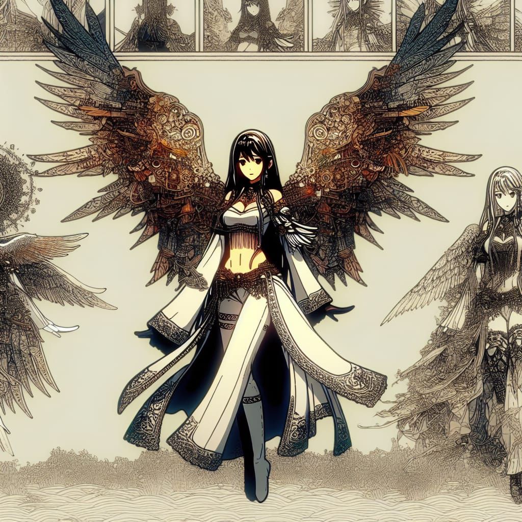 Anime Woman with Mystical Wings in Ink and Watercolor
