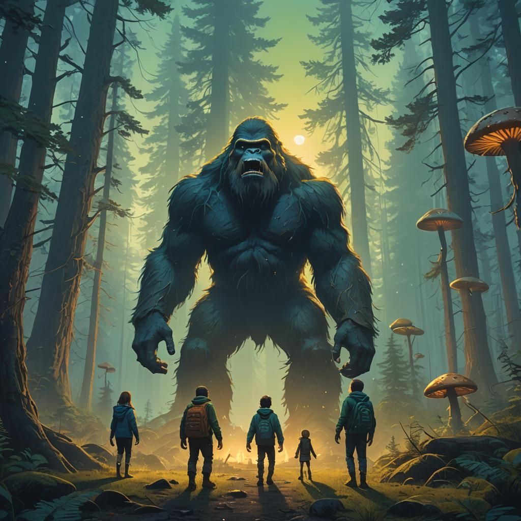 Bigfoot Encounter in Misty Forest: Fantasy Art