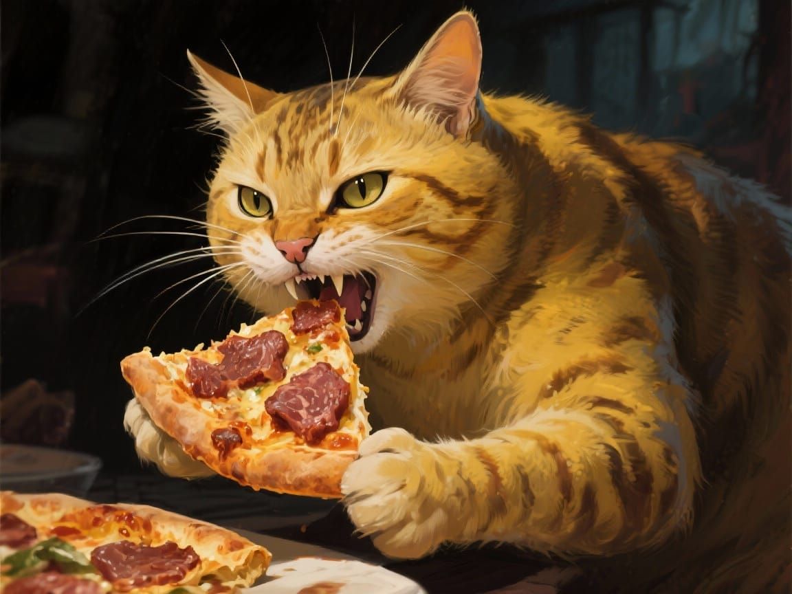 Fierce Tabby Cat Guarding Pizza Slice