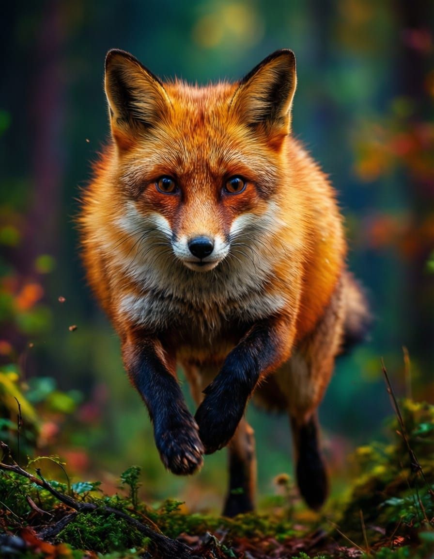 Dynamic Red Fox Leaping in Forest, Hyperrealistic Photograph...