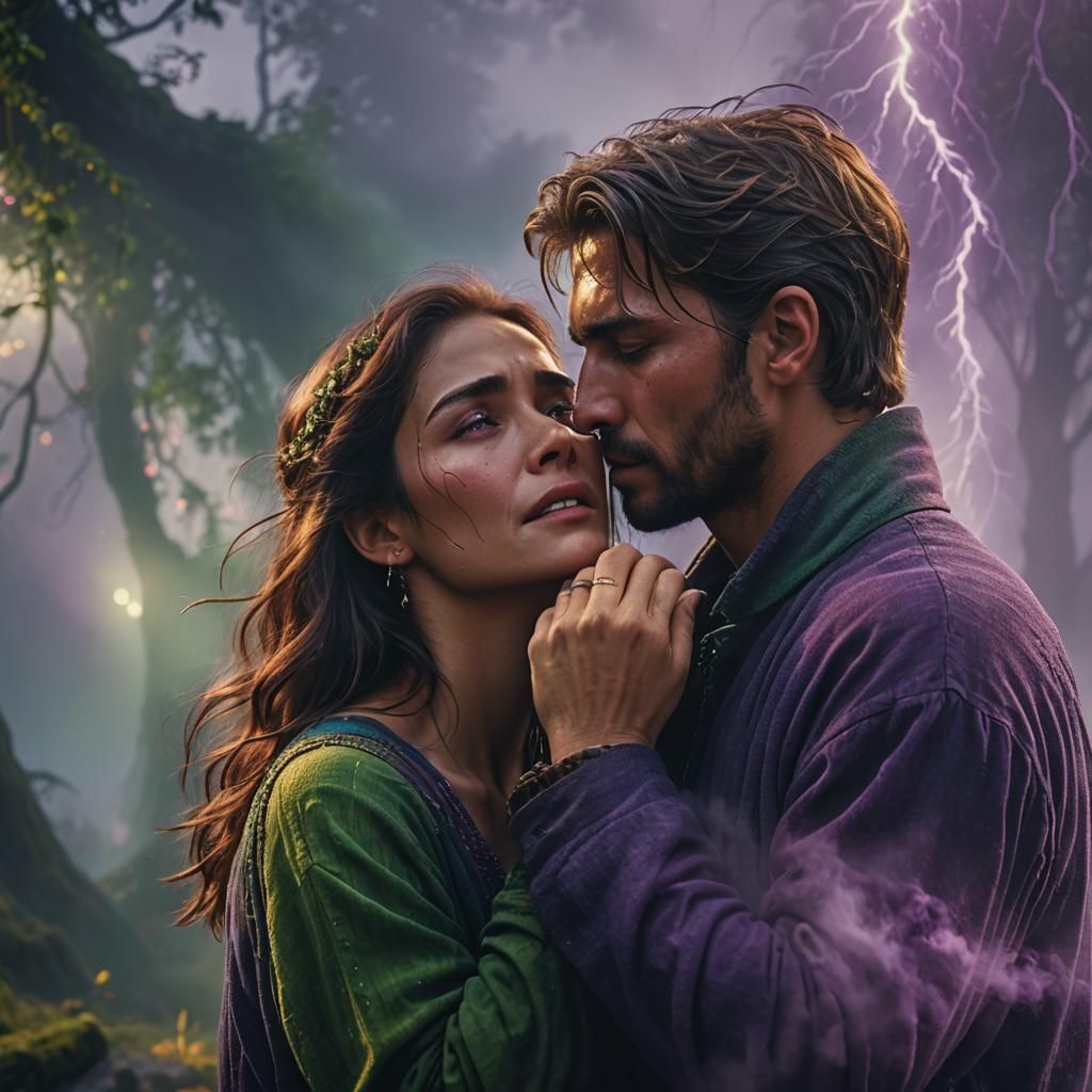 Woman Embracing Man Disappearing into Mist, Digital Art