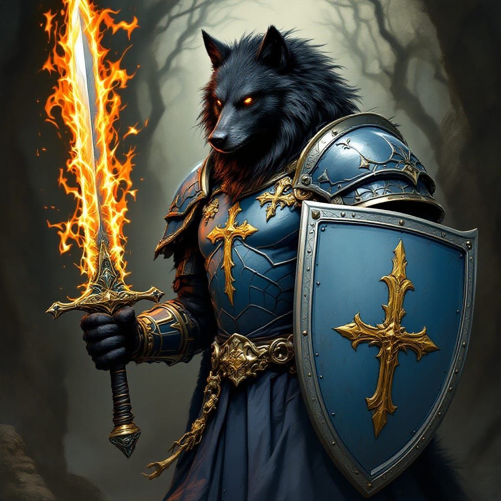 Gothic Fantasy Wolf in Light Blue Armour with Golden Cross a...
