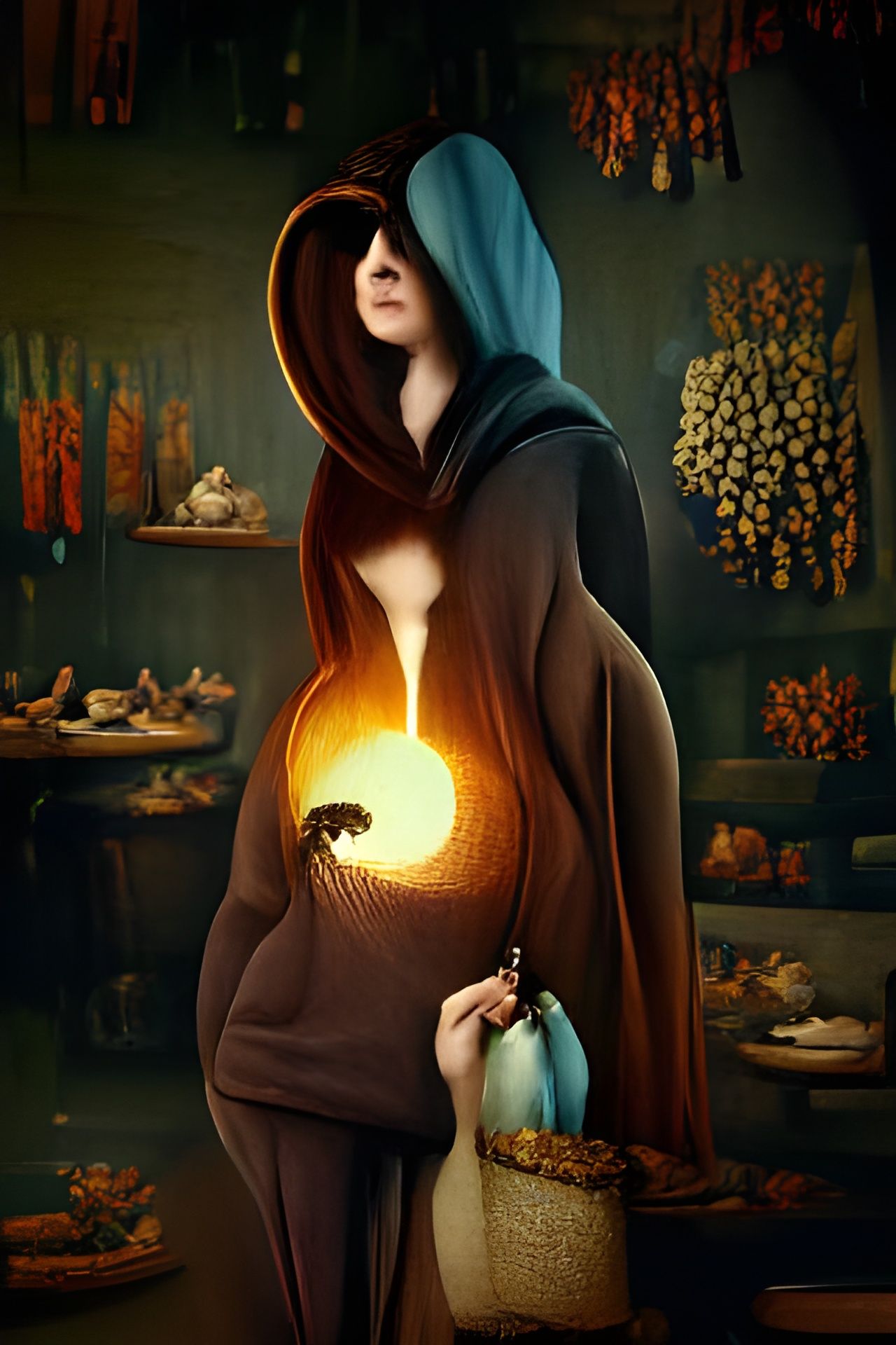 Woman in Hooded Cloak Holding Ember: Surreal Digital Art