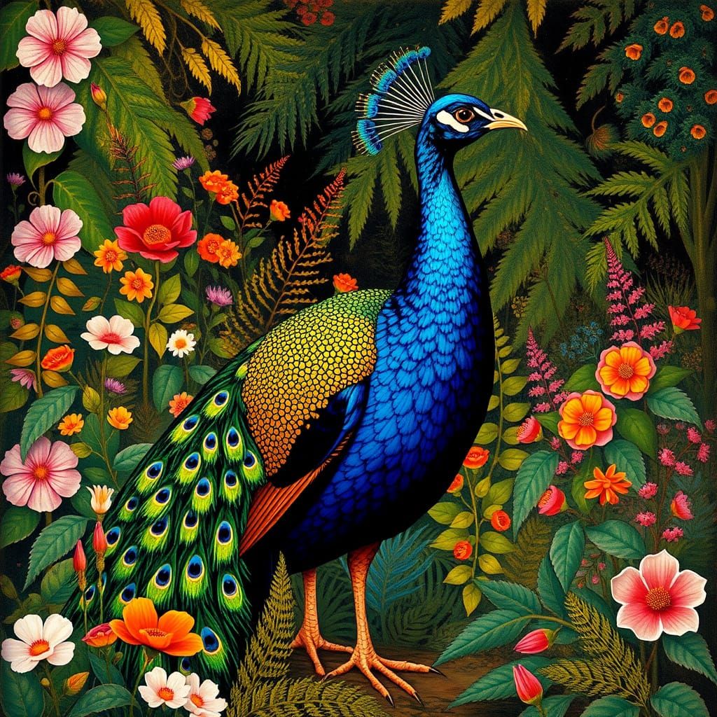 A Regal Peacock in Vibrant Garden, in Art Nouveau Style