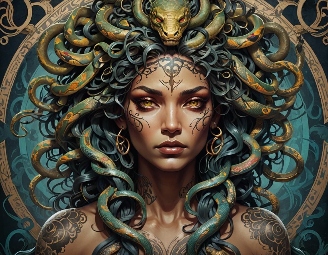 Tattooed Medusa Portrait in Dark Fantasy Style