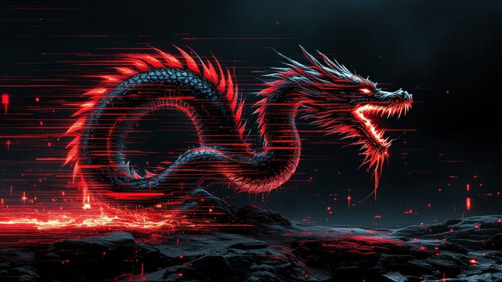 Chrome Dragon Glitch Art at Night