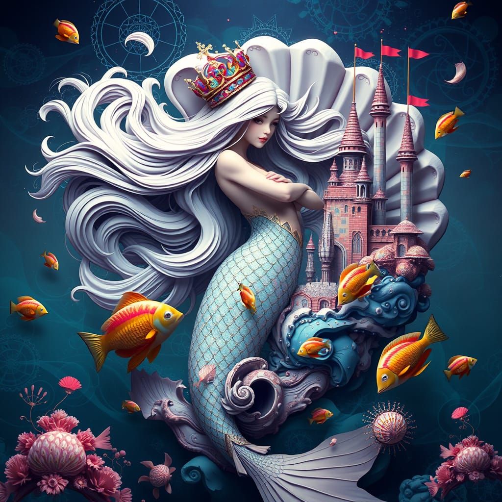 Surreal Mermaid Castle in Vibrant, Geometric Colors