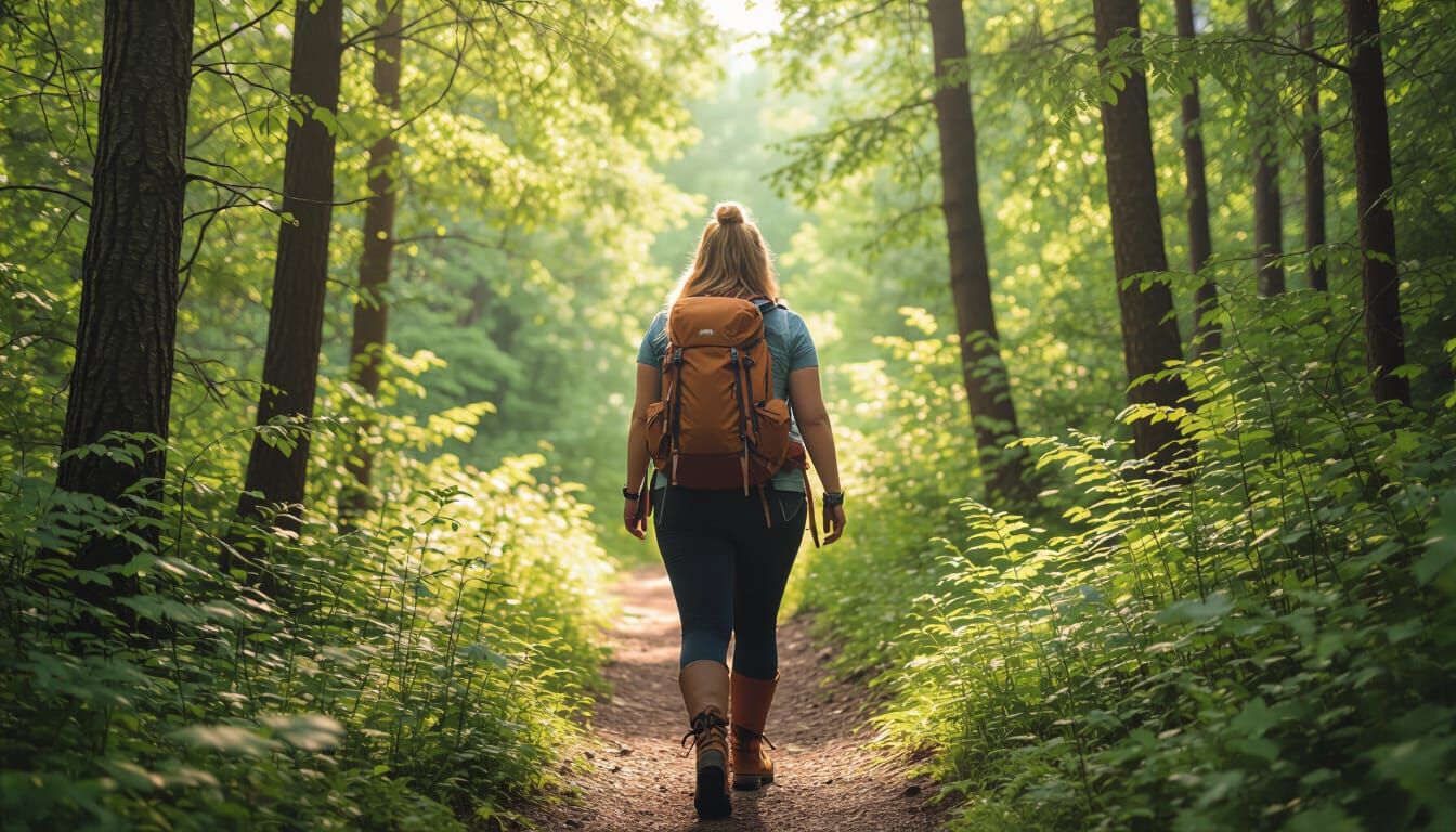 Plus-Size Woman Hiking in Lush Forest, Photorealistic Style