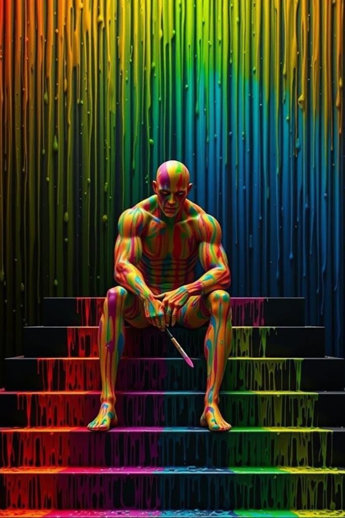 Rainbow Splatter Humanoid on Pyramid, 3D Render