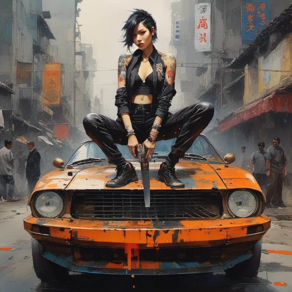 Female Yakuza Hitman on Sports Car in Mixed Media Style