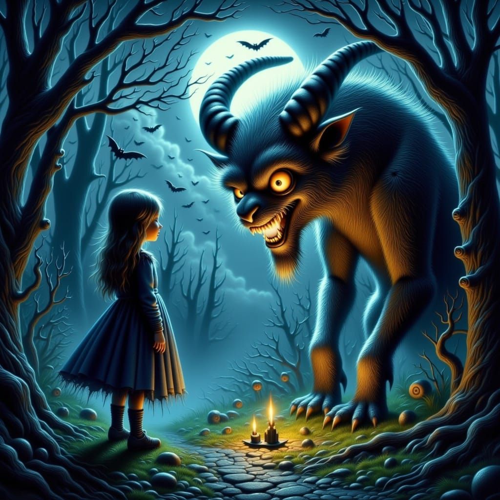 Girl Meets Faun in Moonlit Gothic Forest